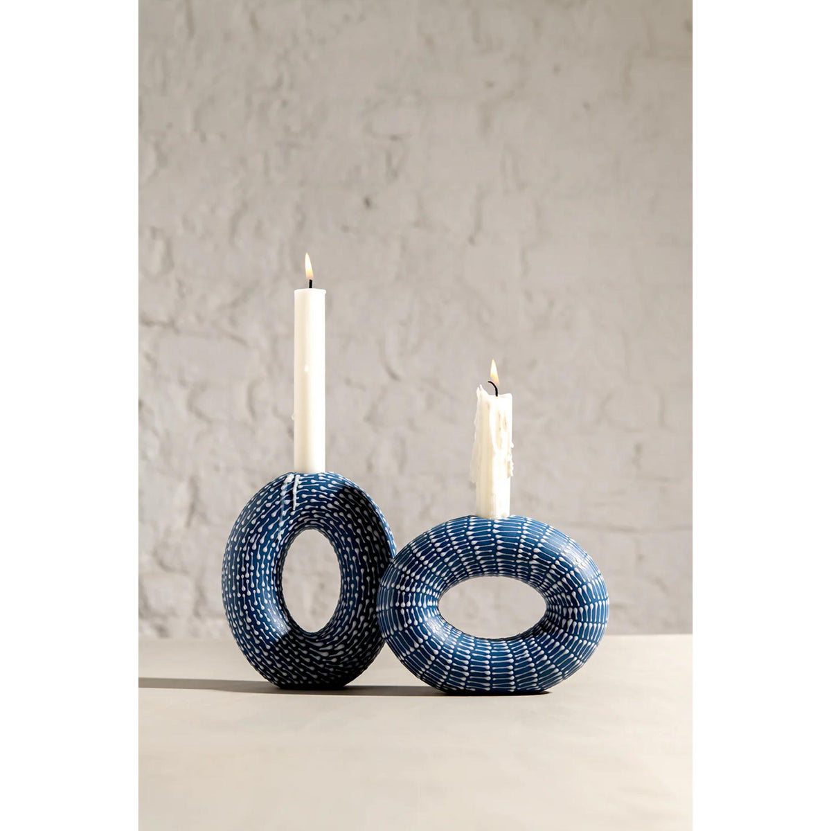 Hoop Shabbat Candlesticks in Morocco Blue with White Pattern by Maiyan