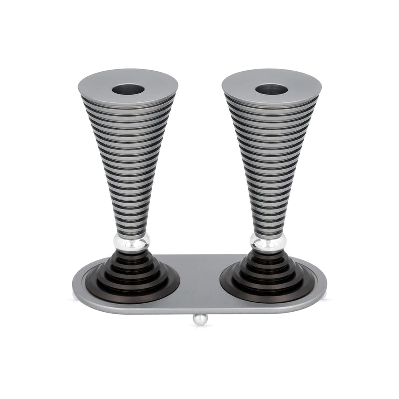 Circle Striped Shabbat Candlesticks with Tray in Greys by Akilov