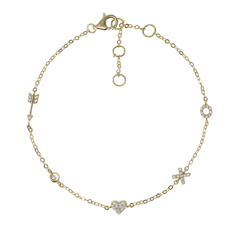 Noughts, Crosses, Arrows and Hearts Bracelet in Gold by Penny Levi