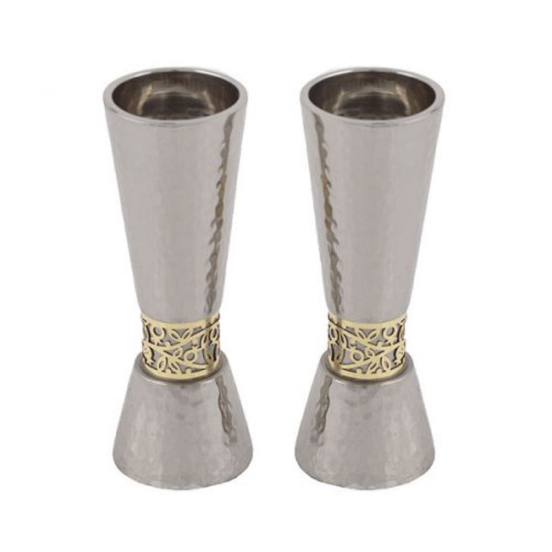 Hammered Large Shabbat Candlesticks with Gold Pomegranate detail by Yair Emanuel