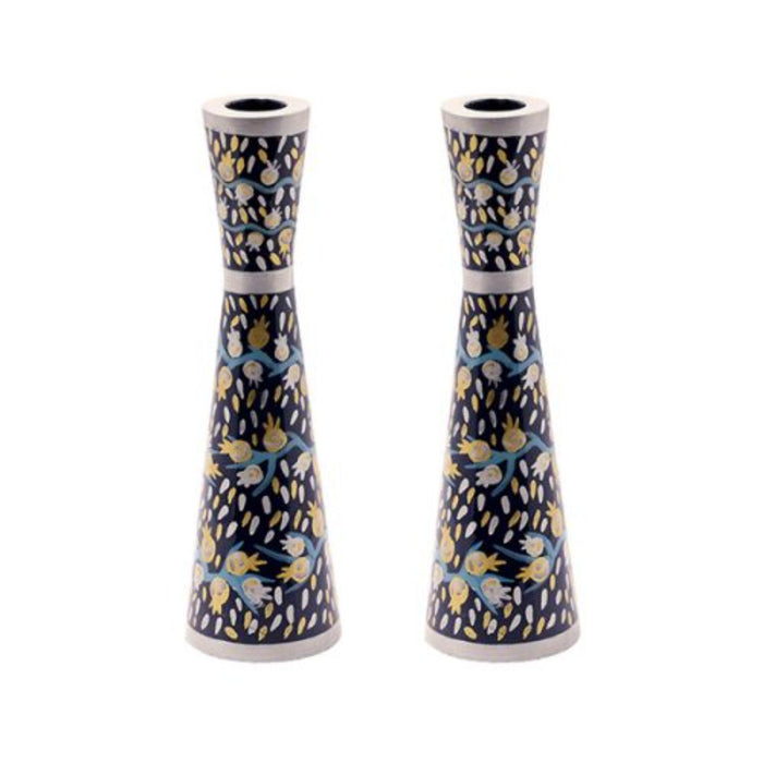 Hand Painted Pomegranates in Blues Shabbat Candlestick by Yair Emanuel