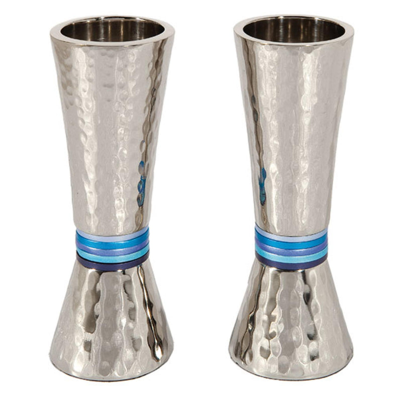 Hammered Shabbat Candlesticks with Blue Rings by Yair Emanuel