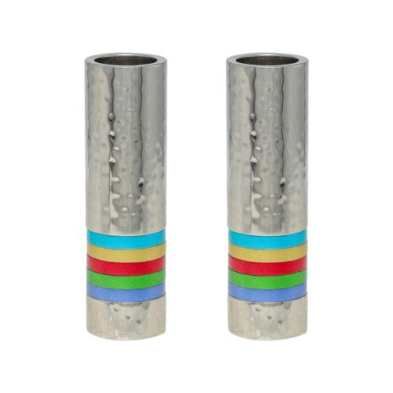 Cylinder Shabbat Candlesticks with 5 Multi Coloured Rings by Yair Emanuel