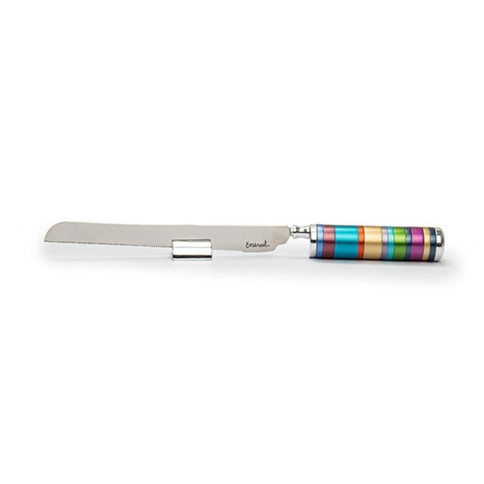 Rainbow Challah Knife and Salt with Multi Coloured Rings by Yair Emanuel