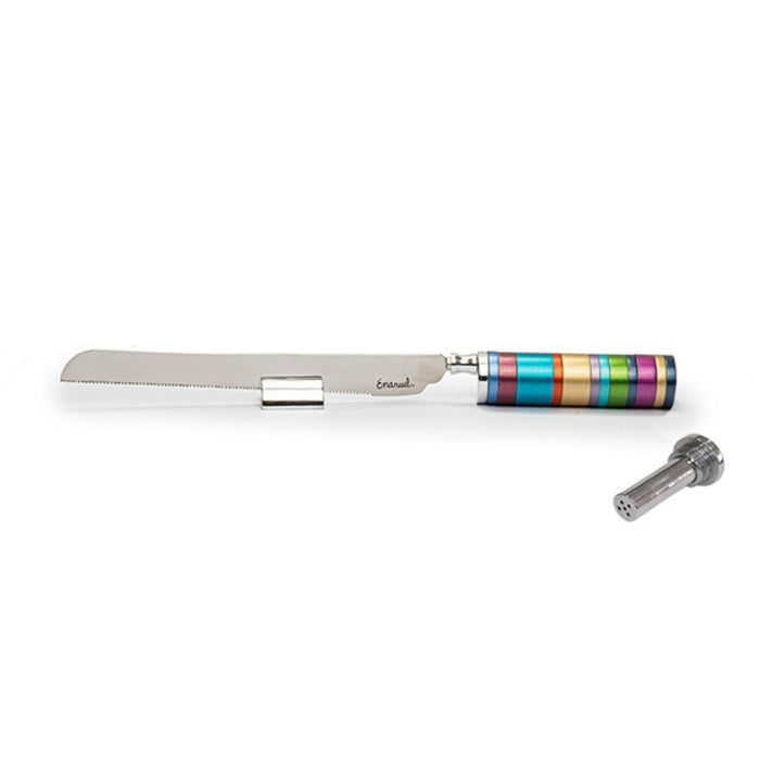 Rainbow Challah Knife and Salt with Multi Coloured Rings by Yair Emanuel