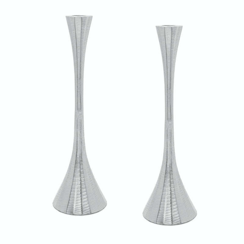 Geometric Shabbat Candlesticks in Silver with Textured Design