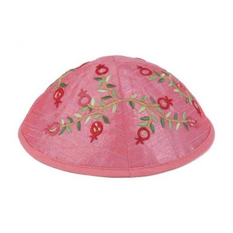 Embroidered Pink Pomegranates Kippah by Yair Emanuel