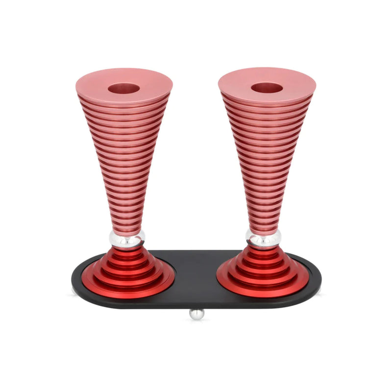 Circle Striped Shabbat Candlesticks with Tray in Pinks by Akilov