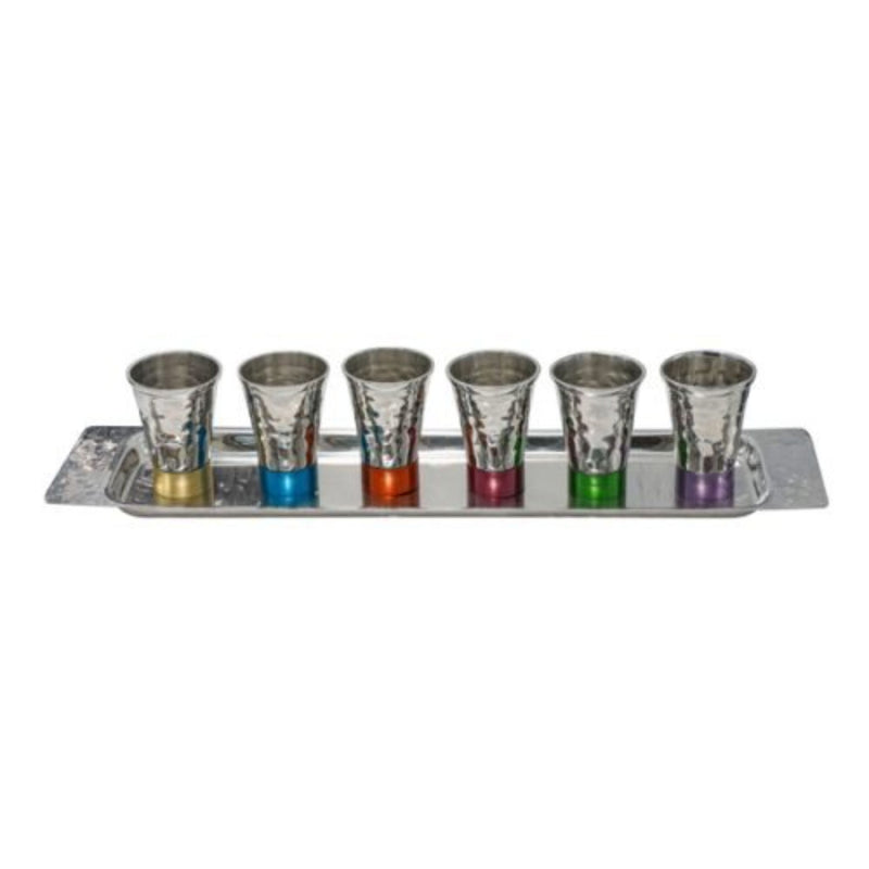 Hammered Kiddush Small Cup with Multi Coloured Rings Set of 6 by Yair Emanuel