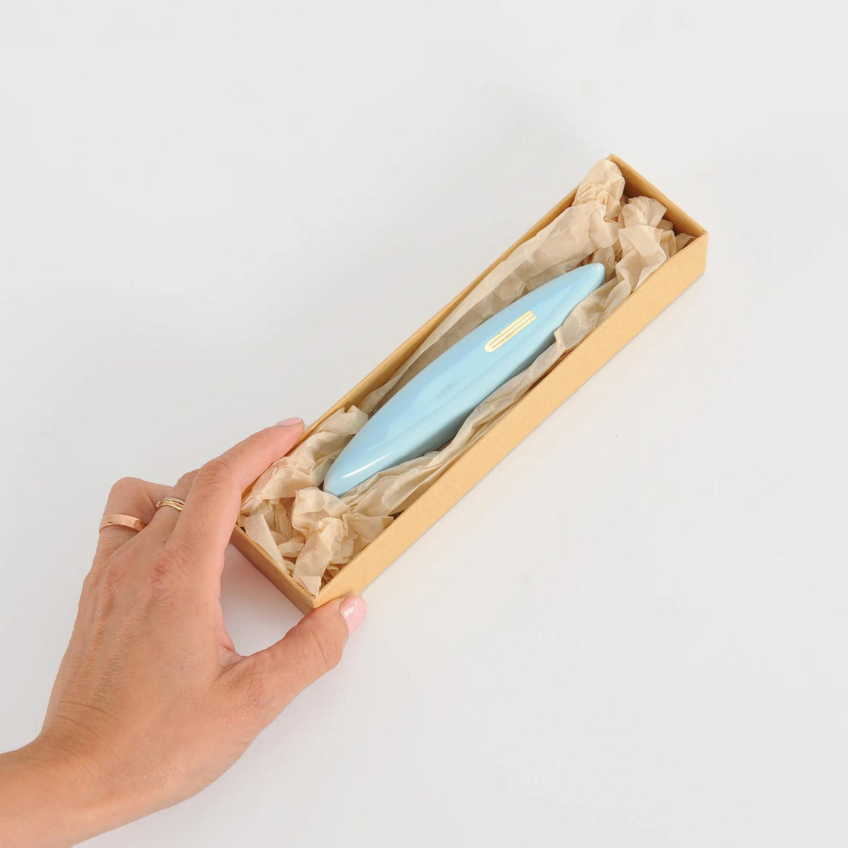 Clay Mezuzah in Pale Blue with Gold Shin by Mickala Design