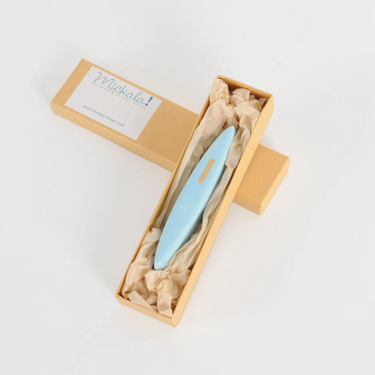 Clay Mezuzah in Pale Blue with Gold Shin by Mickala Design