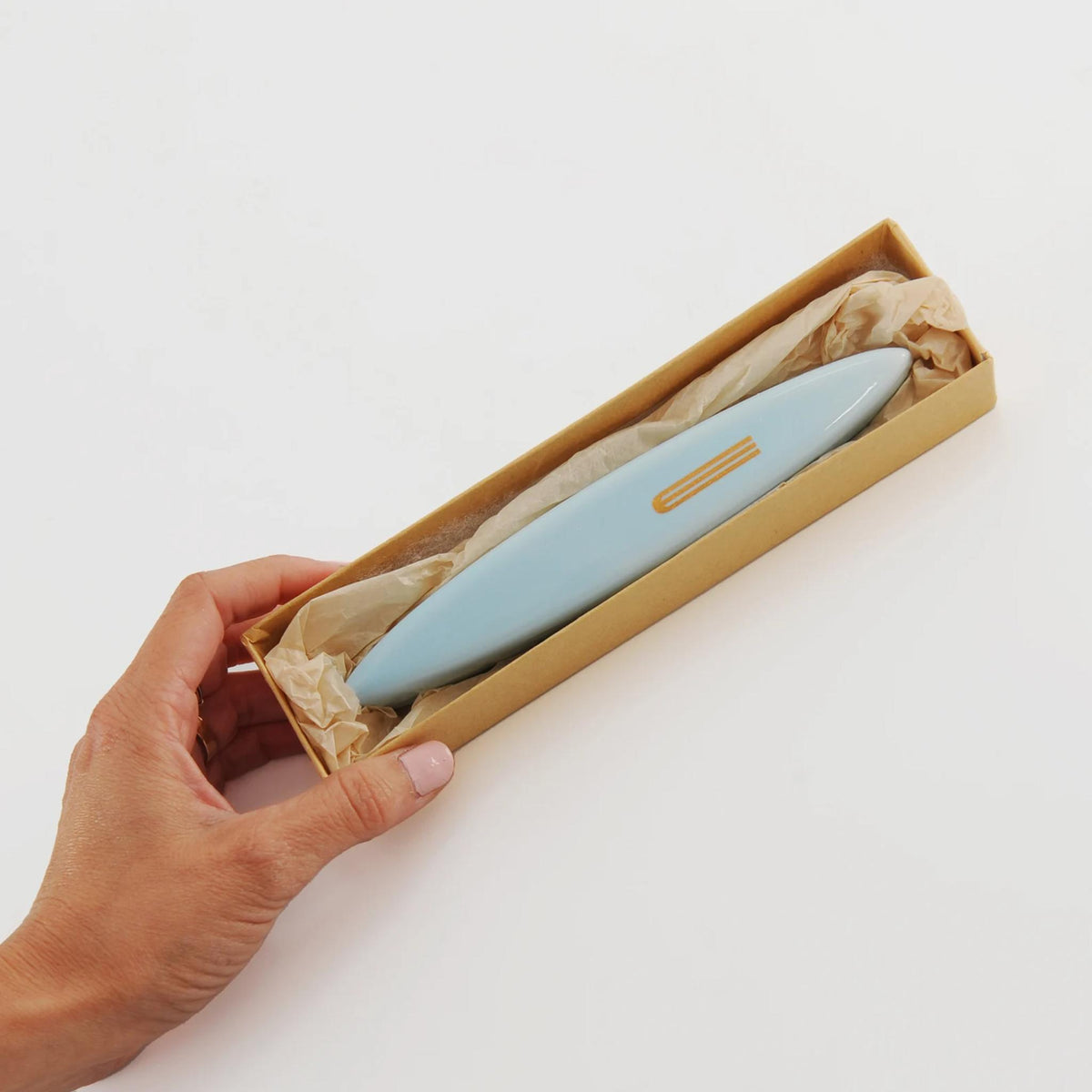 Clay Mezuzah in Pale Blue with Gold Shin by Mickala Design
