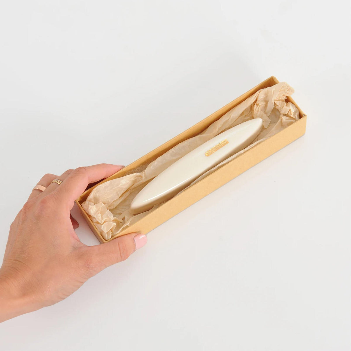 Clay Mezuzah in White with Gold Shin by Mickala Design