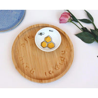 'Bee' Bamboo and Ceramic Apple and Honey Dish Set For Rosh Hashanah with Colour Illustrations by Mickala Design