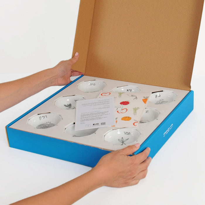 Modern Rosh Hashana Seder Plate with Black and White Illustrations by Mickala Design