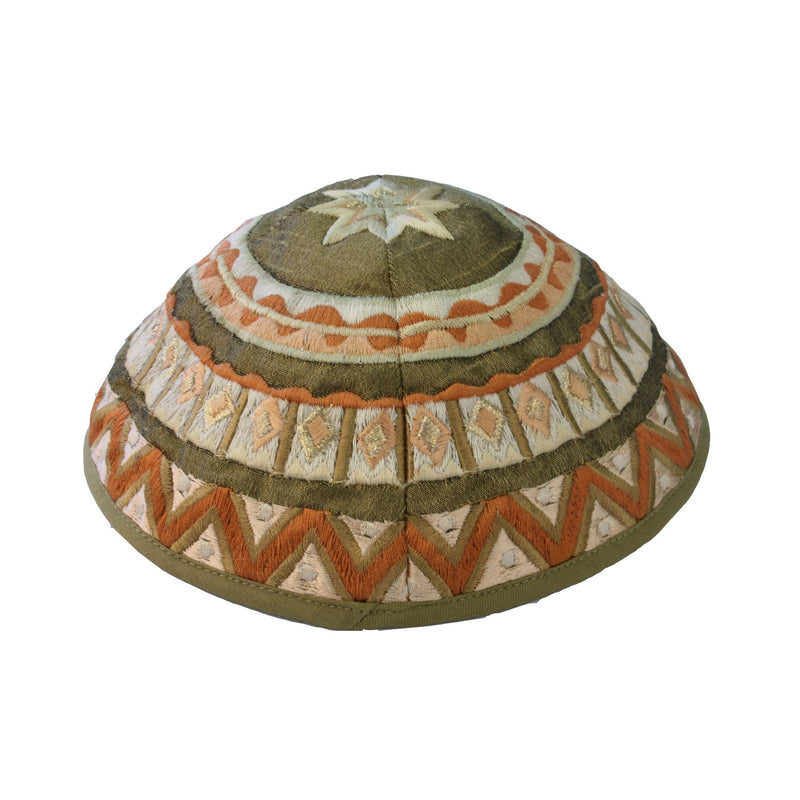 Abstract Embroidered Kippah in Green Gold by Yair Emanuel