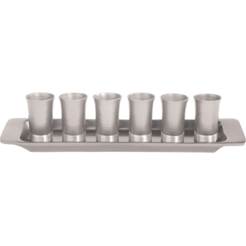Set of Six Silver Aluminium Kiddush Cups with Tray by Yair Emanuel