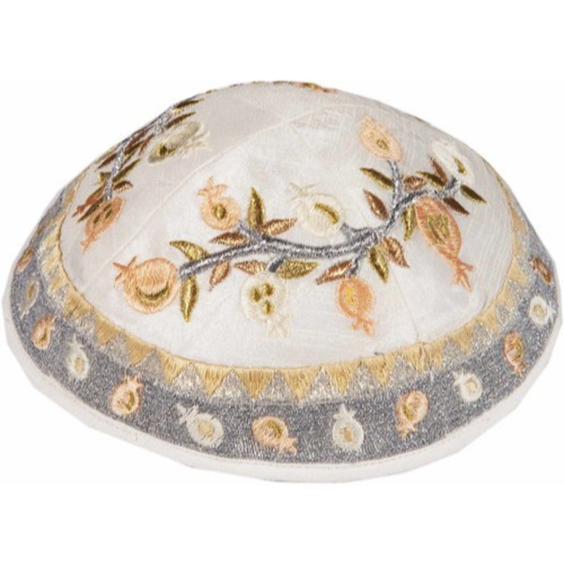 Hand Embroidered Pomegranate Kippah in Golds by Yair Emanuel