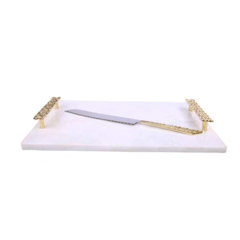 Marble Challah Board in White with Brass Mosaic style handles