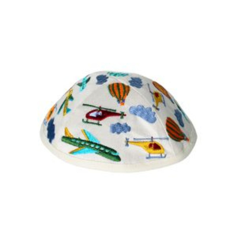 Airplanes in White Kids Embroidered Kippah by Yair Emamuel