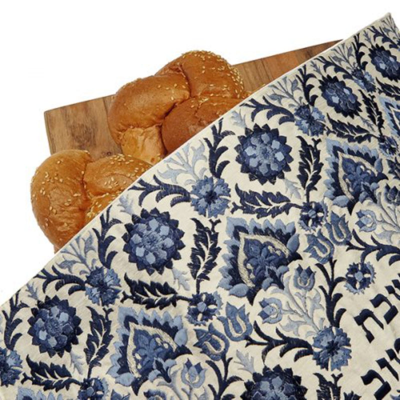 Carpet Challah Cover - Blue in White - Full Silk Embroidery by Yair Emanuel