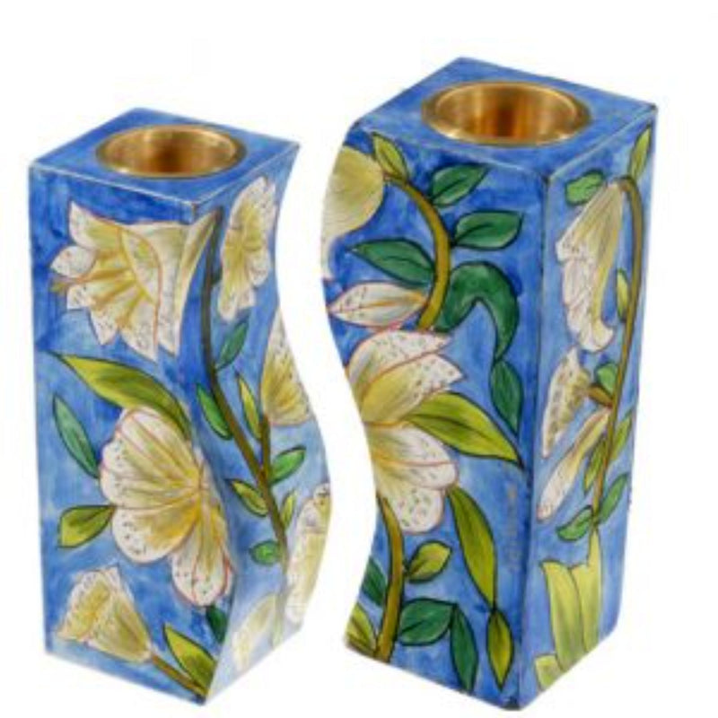 Hand Painted Wooden Shabbat Candlesticks with White Flowers by Yair Emanuel