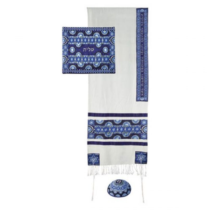Full Embroidery Symbols Tallit with Matching Bag/Kippah in Blues by Yair Emanuel