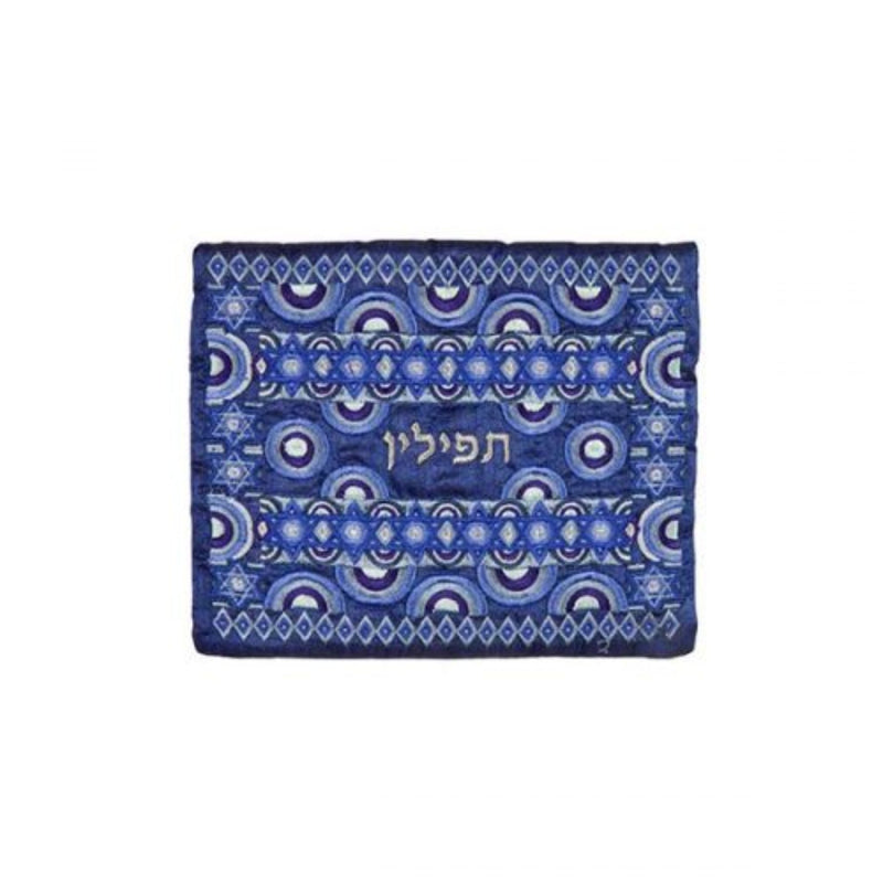 Full Blue Circles Embroidery Tefillin Bag by Yair Emanuel