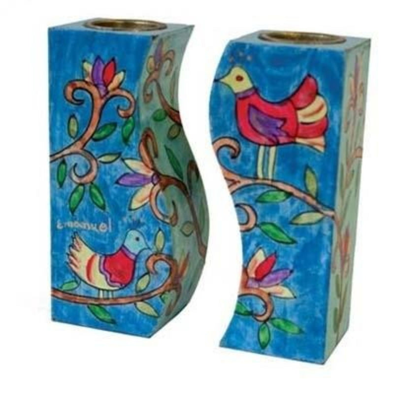 Hand Painted Wooden Shabbat Candlesticks in Birds by Yair Emanuel