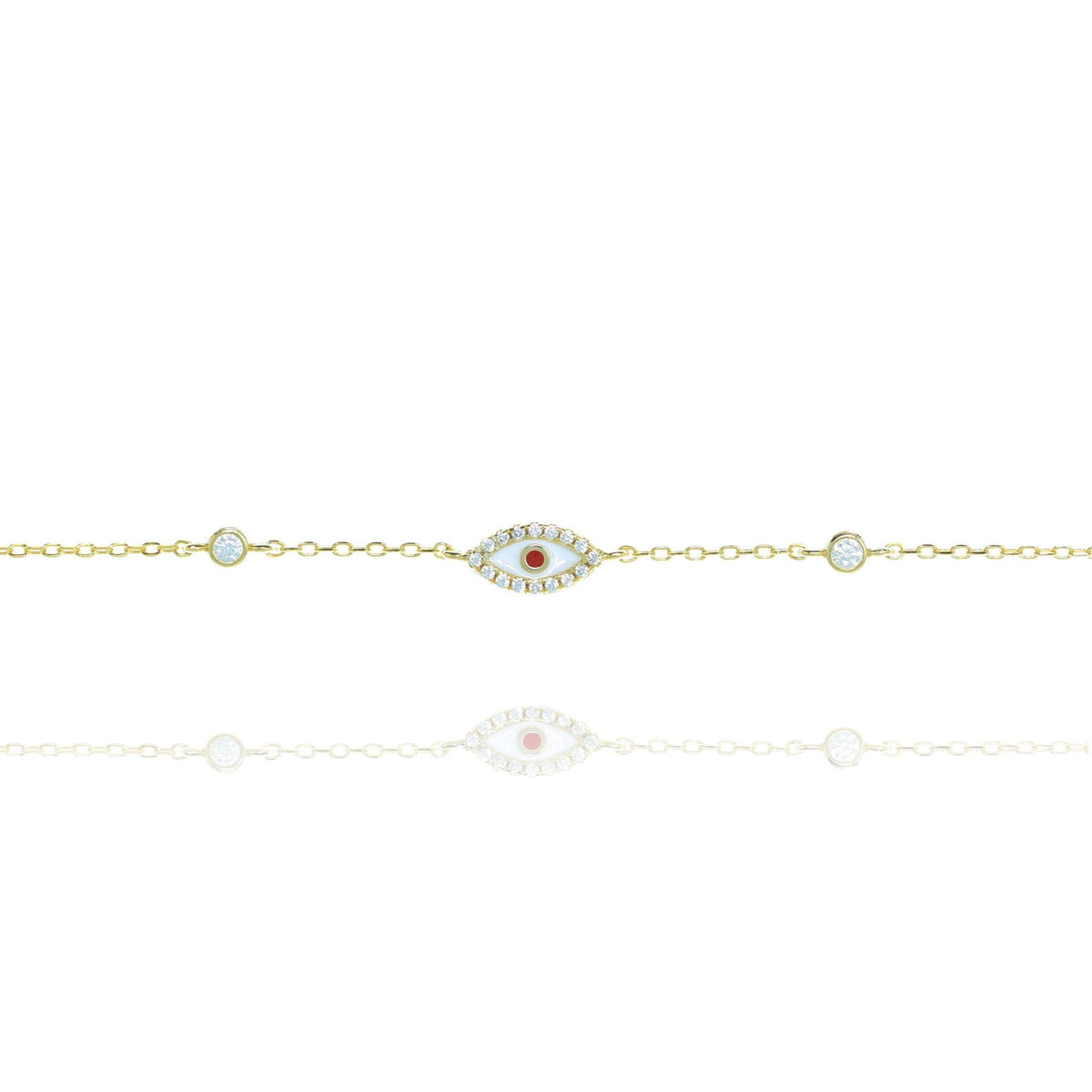 Gold plated on Silver chain bracelet, with white evil eye rimmed with Red Cubic Zirconia By Penny Levi