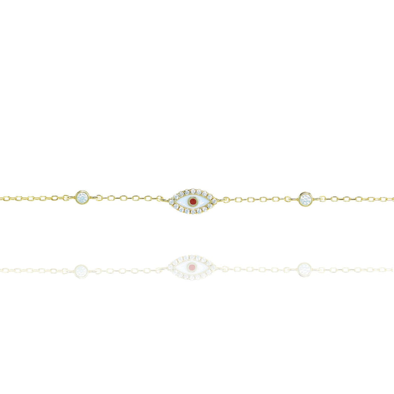 Gold plated on Silver chain bracelet, with white evil eye rimmed with Red Cubic Zirconia By Penny Levi