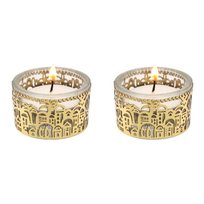 Jerusalem Brass Glass Metal Cutout Travel Candlesticks by Yair Emanuel