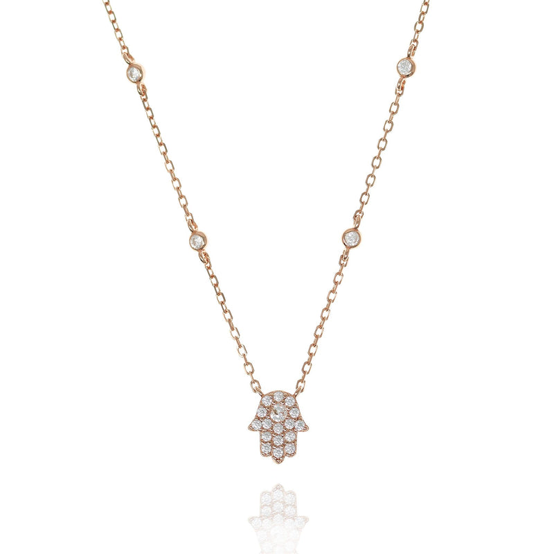 Hamsa Necklace with 4 Single Cubic Zirconia in Rose Gold by Penny Levi