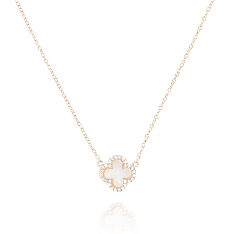 Mother of Pearl Chain and CZ Clover Pendant Necklace in Rose Gold by Penny Levi