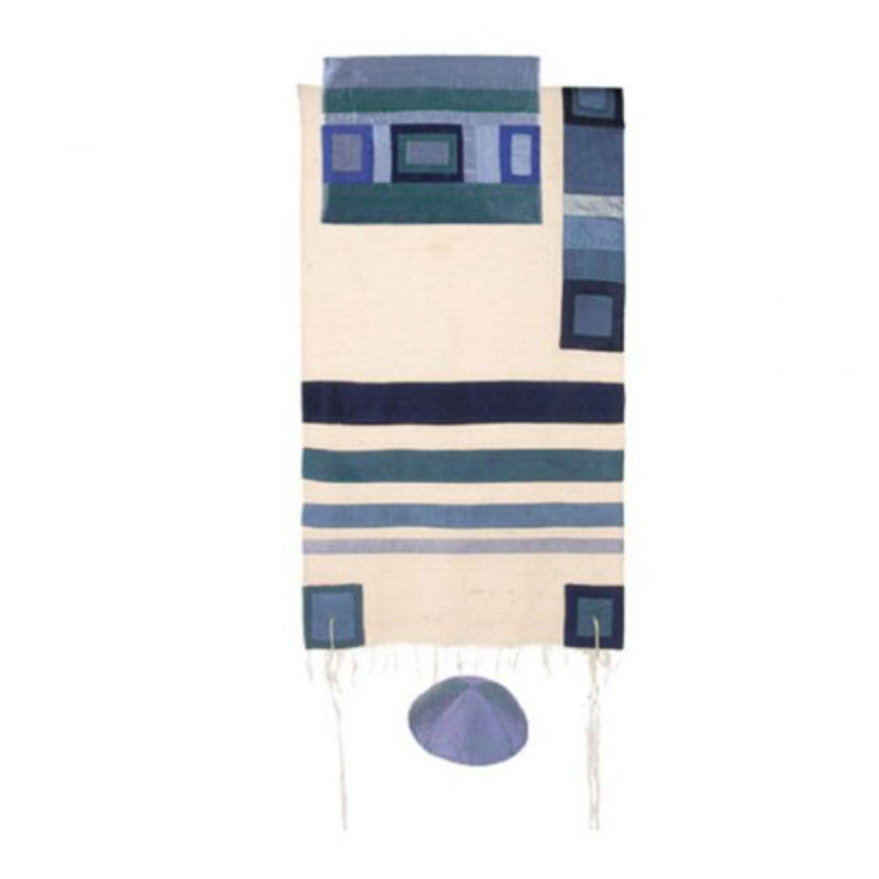 Raw Silk Tallit LARGE with Blues, Purple and Grey Coloured Stripes with Tallit Bag/Kippah by Yair Emanuel