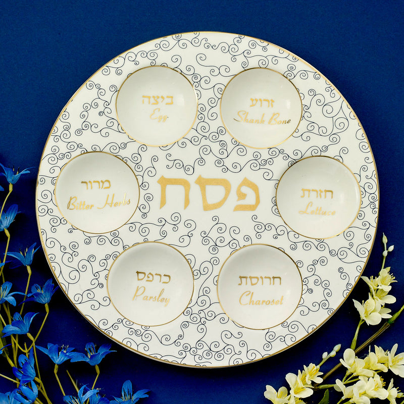 Classic Ceramic Seder Plate in White With Gold Accents
