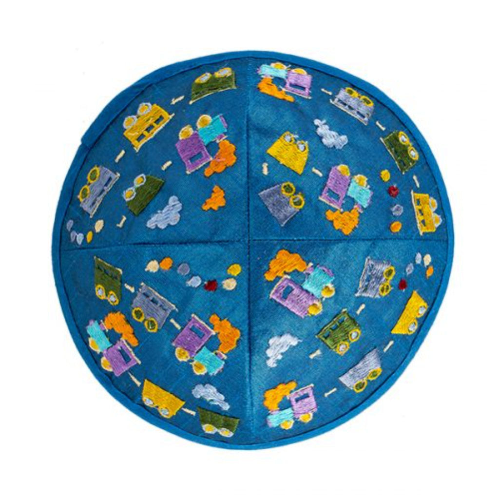 Embroidered Children's Train Kippah in Blue by Yair Emanuel
