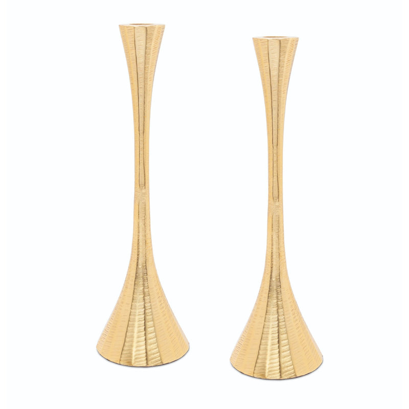 Geometric Shabbat Candlesticks in Gold with Textured Design