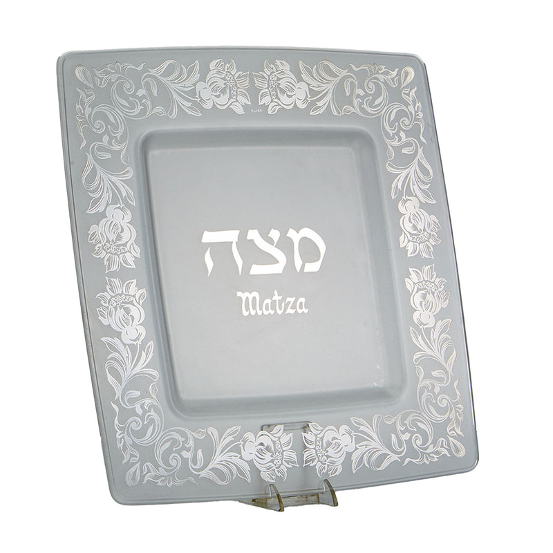 Glass Matzah Tray With Silver Floral Design