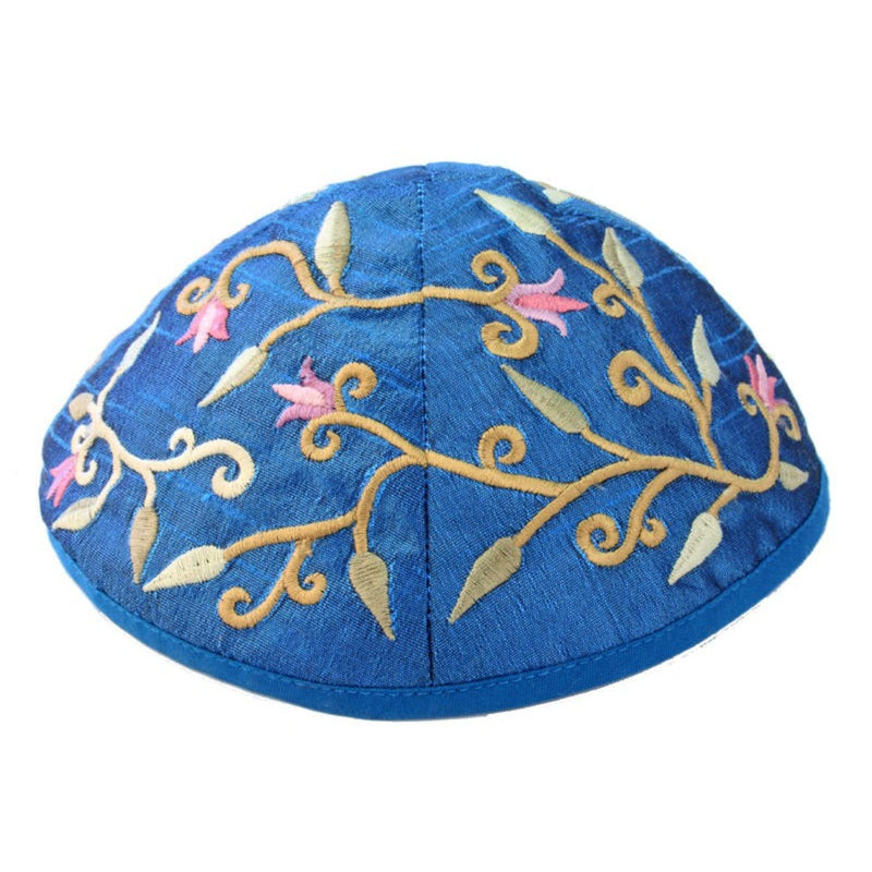 Embroidered Silk Kippah - Blue Flowers by Yair Emanuel