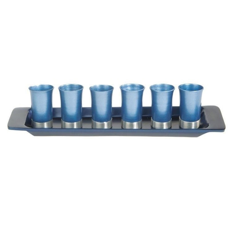 Set of Six Blue Aluminium Kiddush Cups with Tray by Yair Emanuel