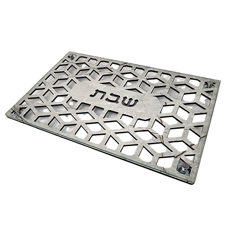 Geo Lattice Grey Glass and Wood Challah Board and Tray by Lily Art