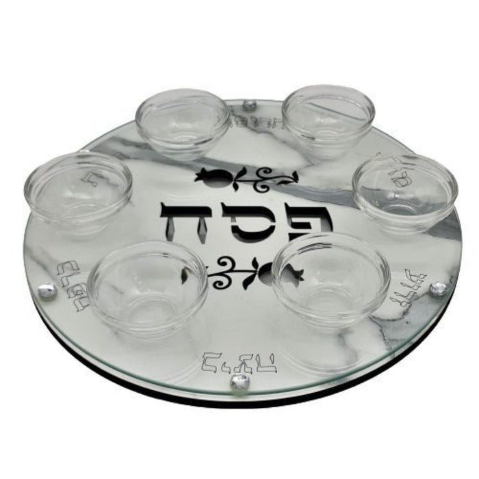 White Marble Design Wood and Glass Seder Plate by Lily Art