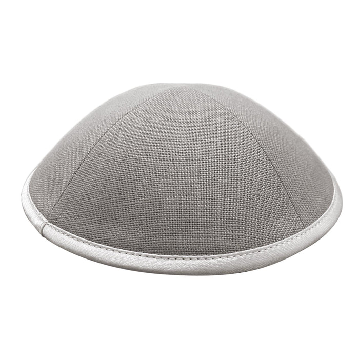 Linen Grey Kippot with White Satin Trim by KW