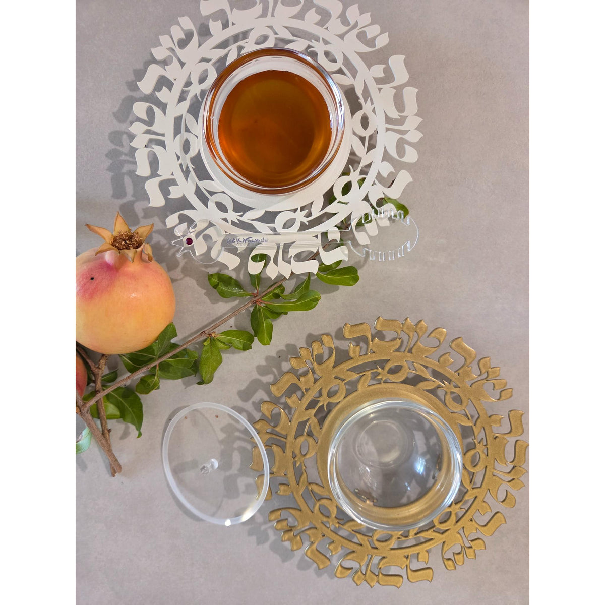 Cut Out Pomegranates & Blessings Rosh Hashanah Honey Dish in Cream by Dorit