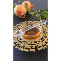 Cut Out Pomegranates & Blessings Rosh Hashanah Honey Dish in Gold by Dorit