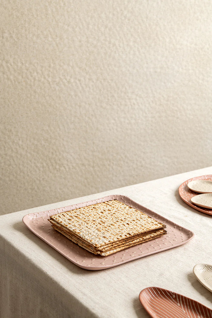 Ceramic Porcelain Textured Matzah Tray in Blush with Cream Stars by Maiyan