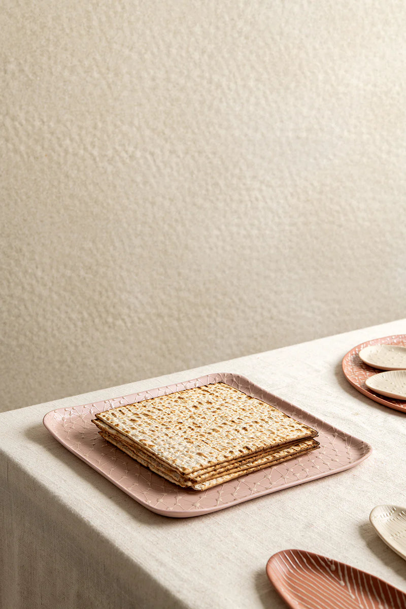 Ceramic Porcelain Textured Matzah Tray in Blush with Cream Stars by Maiyan