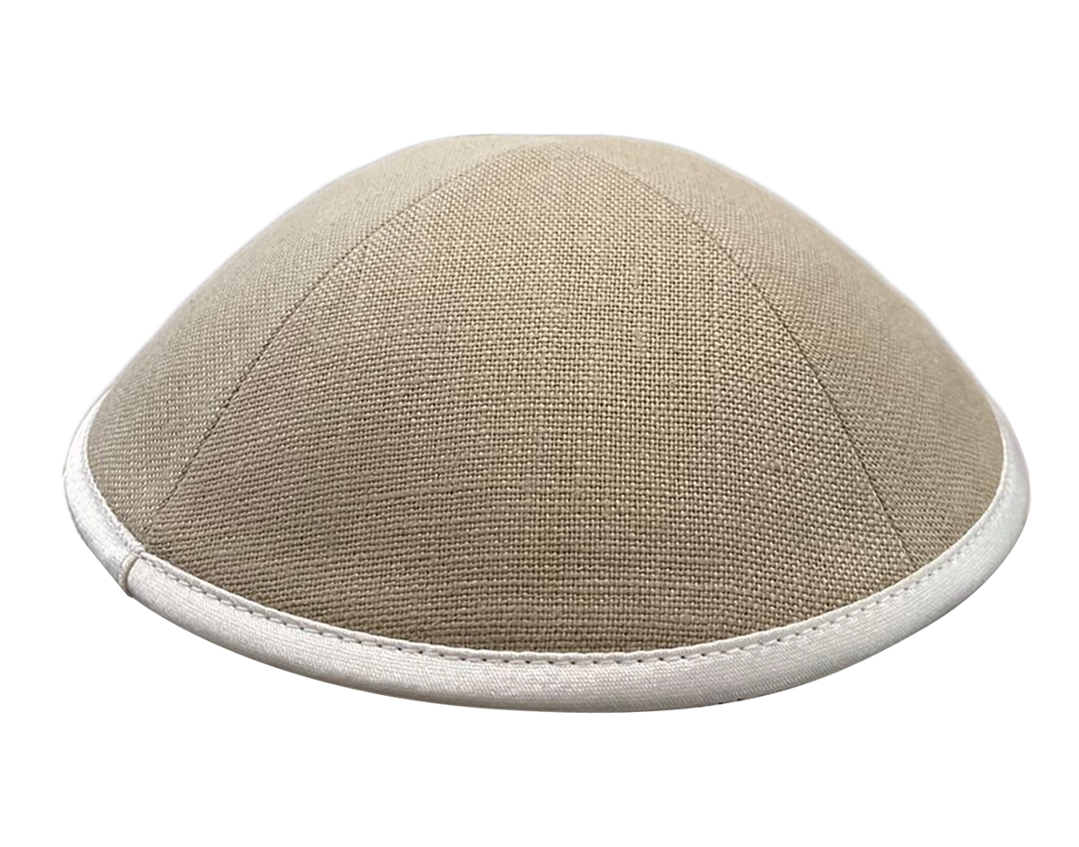 Linen Taupe Kippot with White Satin Trim by KW