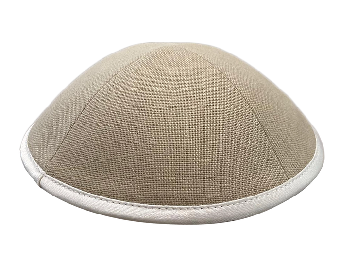 Linen Taupe Kippot with White Satin Trim by KW
